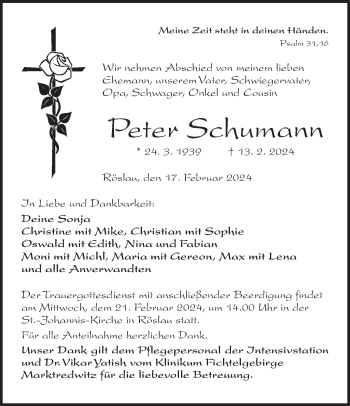 Traueranzeige von Peter Schumann von Frankenpost