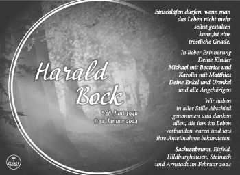 Traueranzeige von Harald Bock von Südthüringer Presse