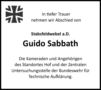 Traueranzeige von Guido Sabbath von Frankenpost
