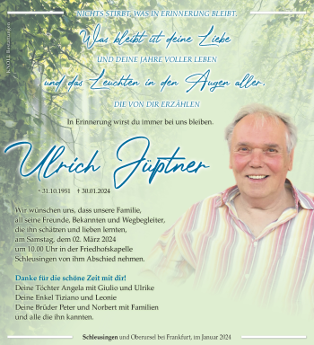 Traueranzeige von Ulrich Jüptner von Südthüringer Presse