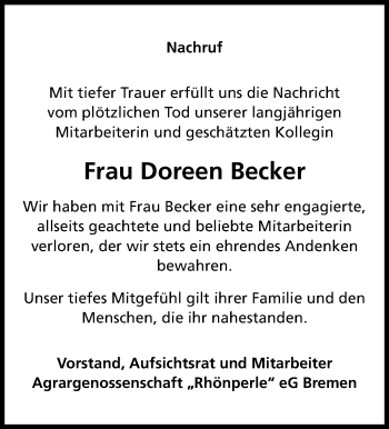 Traueranzeige von Doreen Becker von Südthüringer Presse