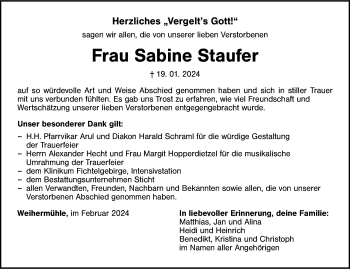 Traueranzeige von Sabine Staufer von Frankenpost
