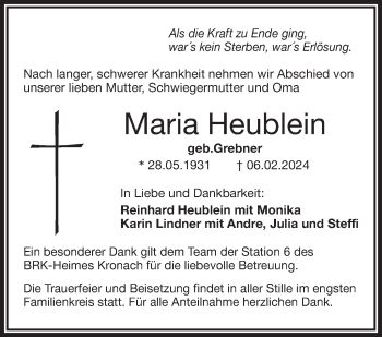 Traueranzeige von Maria Heublein von Frankenpost
