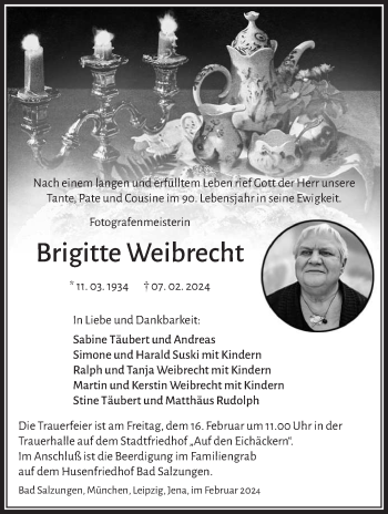 Traueranzeige von Brigitte Weibrecht von Südthüringer Presse