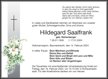 Traueranzeige von Hildegard Saalfrank von Frankenpost