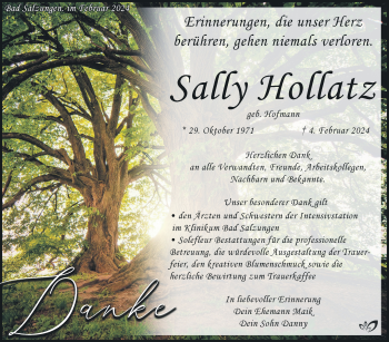 Traueranzeige von Sally Hollatz von Südthüringer Presse