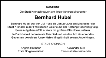 Traueranzeige von Bernhard Hubel von Neue Presse Coburg