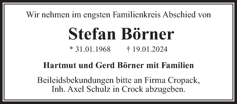  Traueranzeige für Stefan Börner vom 03.02.2024 aus Südthüringer Presse