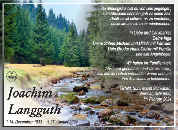 Traueranzeige von Joachim Langguth von Südthüringer Presse