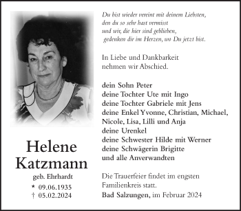 Traueranzeige von Helene Katzmann von Südthüringer Presse