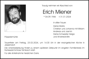 Traueranzeige von Erich Miener von Neue Presse Coburg