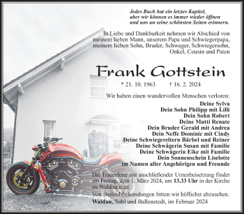 Traueranzeige von Frank Gottstein von Südthüringer Presse