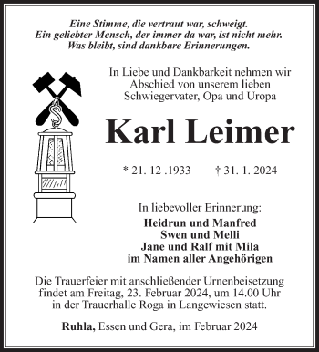 Traueranzeige von Karl Leimer von Südthüringer Presse