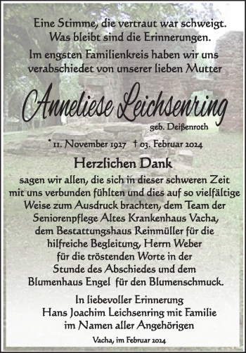 Traueranzeige von Anneliese Leich von Südthüringer Presse