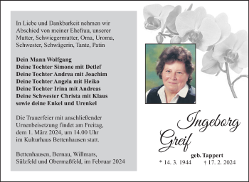 Traueranzeige von Ingeborg Greif von Südthüringer Presse