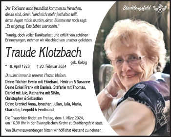 Traueranzeige von Traude Klotzbach von Südthüringer Presse