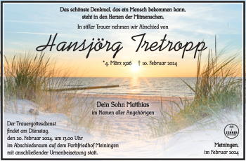 Traueranzeige von Hansjörg Tretropp von Südthüringer Presse