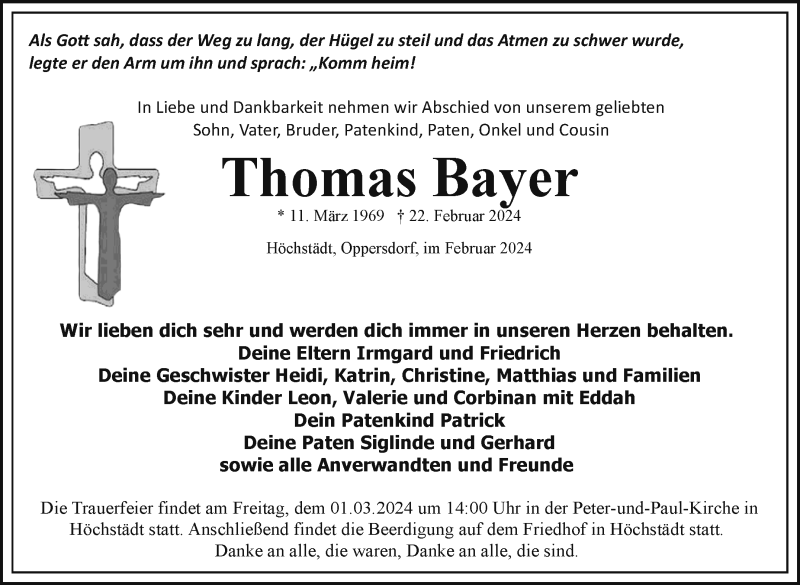  Traueranzeige für Thomas Bayer vom 28.02.2024 aus Frankenpost