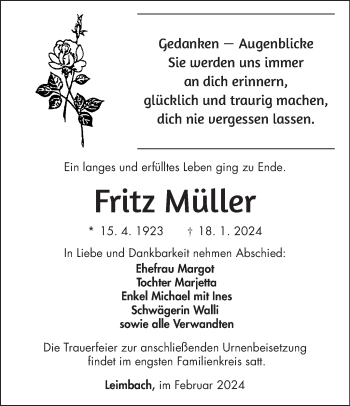 Traueranzeige von Fritz Müller von Südthüringer Presse