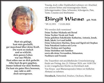 Traueranzeige von Birgit Wiese von Südthüringer Presse