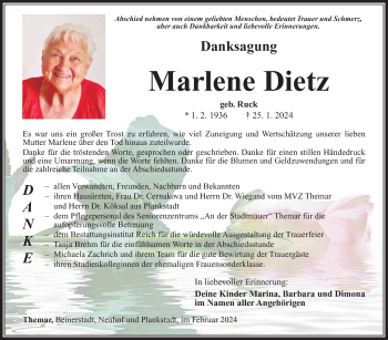Traueranzeige von Marlene Dietz von Südthüringer Presse