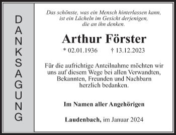 Traueranzeige von Arthur Förster von Südthüringer Presse