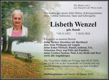 Traueranzeige von Lisbeth Wenzel von Südthüringer Presse