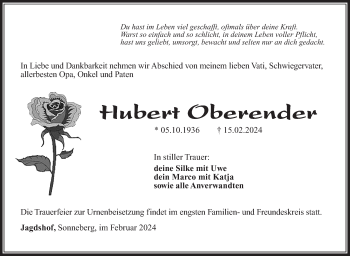Traueranzeige von Hubert Oberender von Südthüringer Presse