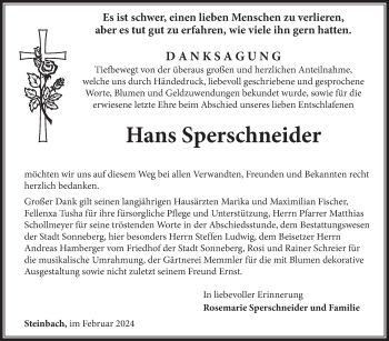 Traueranzeige von Hans Sperschneider von Südthüringer Presse