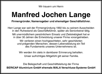 Traueranzeige von Manfred Jochen Lange von Südthüringer Presse