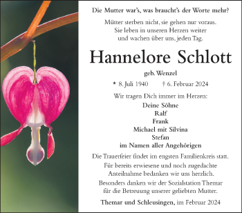 Traueranzeige von Hannelore Schlott von Südthüringer Presse