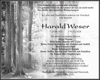 Traueranzeige von Harald Weser von Südthüringer Presse