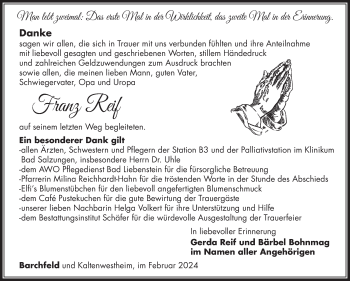 Traueranzeige von Franz Reif von Südthüringer Presse