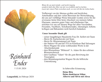 Traueranzeige von Reinhard Ender von Südthüringer Presse