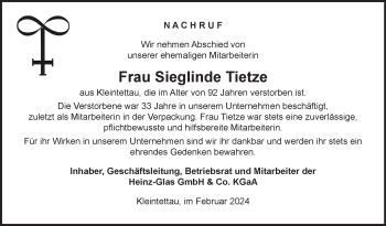 Traueranzeige von Sieglinde Tietz von Neue Presse Coburg