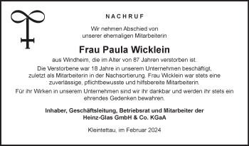 Traueranzeige von Paula Wicklein von Neue Presse Coburg