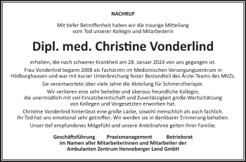 Traueranzeige von Christine Vonderlind von Südthüringer Presse