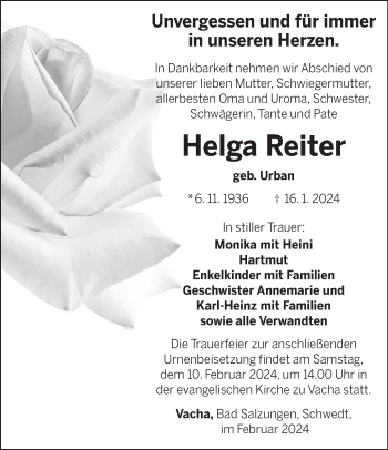 Traueranzeige von Helga Reiter von Südthüringer Presse