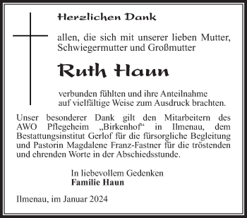 Traueranzeige von Ruth Haun von Südthüringer Presse