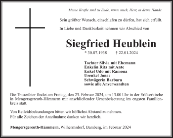 Traueranzeige von Siegfried Heublein von Südthüringer Presse