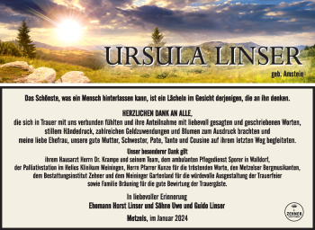Traueranzeige von Ursula Linser von Südthüringer Presse