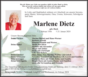 Traueranzeige von Marlene Dietz von Südthüringer Presse