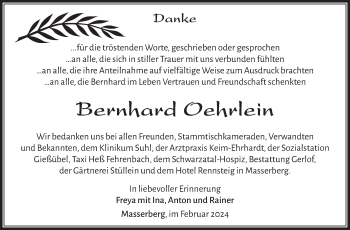 Traueranzeige von Bernhard Oehrlein von Südthüringer Presse