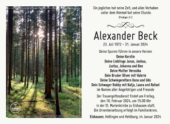 Traueranzeige von Alexander Beck von Südthüringer Presse