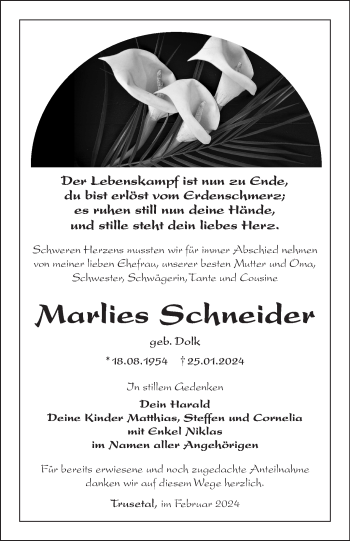 Traueranzeige von Marlies Schneider von Südthüringer Presse