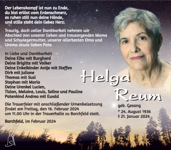 Traueranzeige von Helga Reum von Südthüringer Presse
