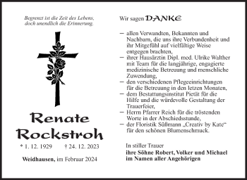 Traueranzeige von Renate Rockstroh von Südthüringer Presse