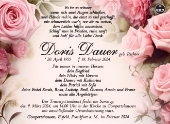 Traueranzeige von Doris Dauer von Südthüringer Presse