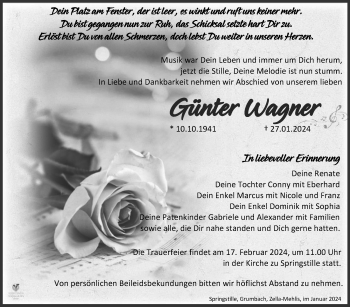 Traueranzeige von Günter Wagner von Südthüringer Presse