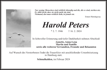 Traueranzeige von Harold Peters von Südthüringer Presse